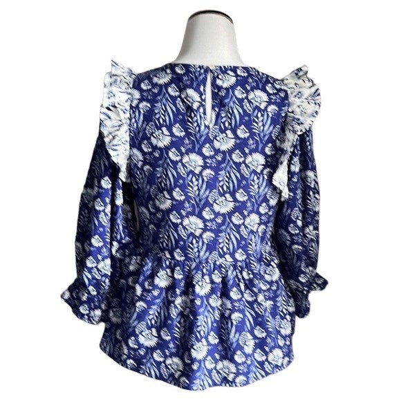 Universal Thread Blue Floral Print Puff 3/4 Sleeve Ruffle Top Blouse Size Small - Picture 4 of 16